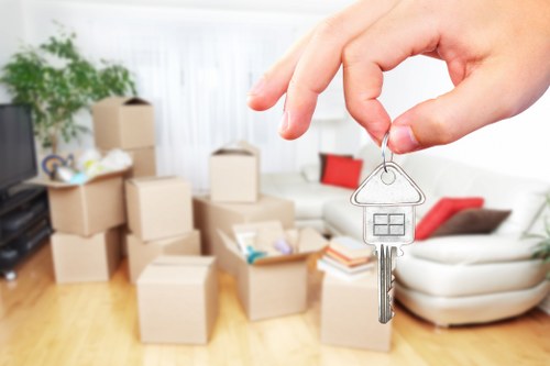 Packed office boxes and furniture ready for relocation in South East London