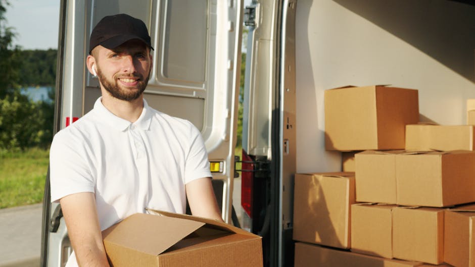 A man with a beard and wearing a black cap and a white polo shirt is standing outside next to a moving van, holding a medium-sized cardboard box. The van's rear doors are open, revealing stacked cardboard boxes of various sizes, some covered with protective plastic wrap. The loading area is on a paved surface, with a grassy area and trees visible in the background, under clear weather with sunlight casting shadows inside the van. The scene depicts a house removal process with the man preparing to load or unload items, supported by the services of Man and Van Dulwich as part of a home relocation or furniture transport operation, with the packaging materials and equipment indicating a packing and moving workflow.