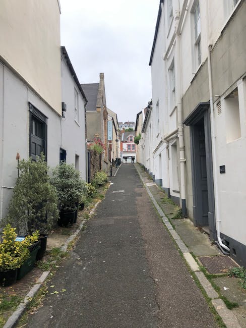 A narrow residential street with a cobbled surface, lined with white and brick-fronted terraced houses on both sides. Potted plants and small trees are positioned along the pavement in front of the ho